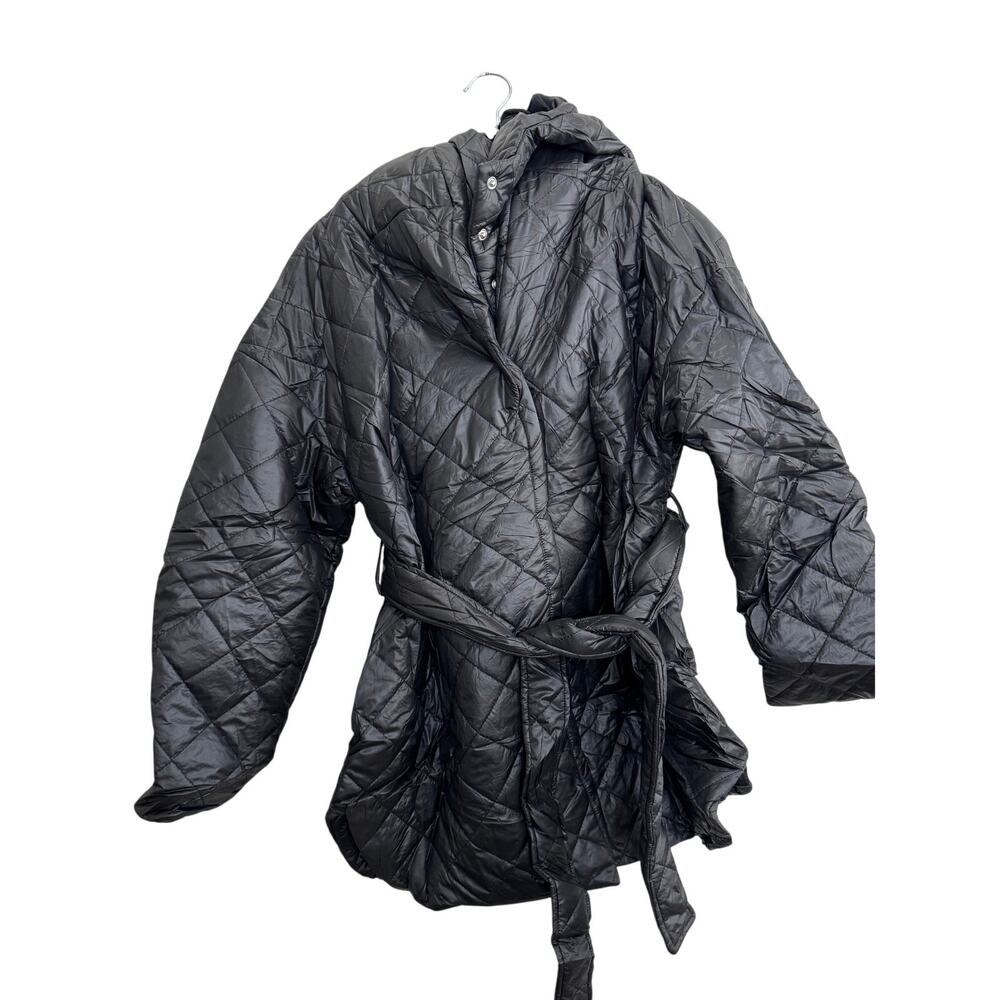 NWT Women's Black Puffer Jacket Coat with Tie Belt Removable Hoodie Small